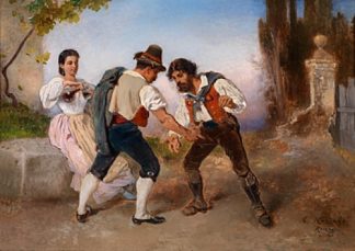 意大利农民扮演莫拉和拿着酒瓶的农妇 Italian Peasants Playing Morra and a Peasant Woman with Wine Bottle (1857 – 1876; Rome,Italy                     )，安东·罗马科