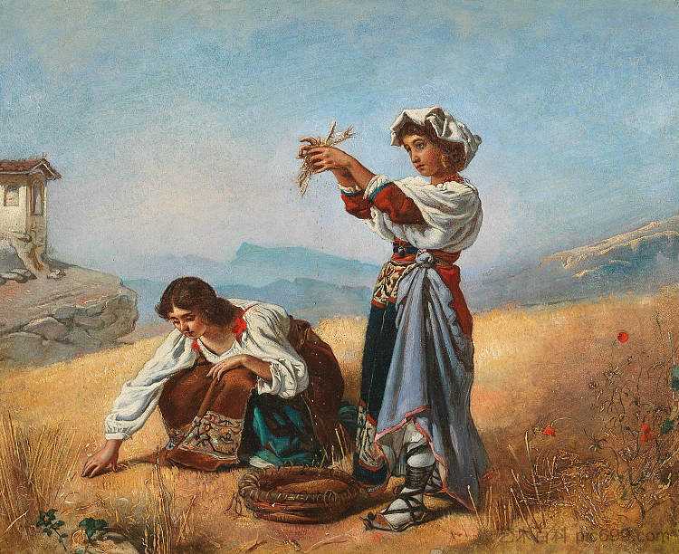 两个女孩在路边神社附近收集玉米穗 Two Girls Gathering Ears of Corn near a Wayside Shrine (c.1857 - c.1876)，安东·罗马科