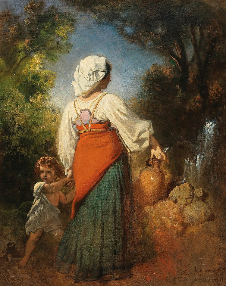 意大利妇女与孩子在井边 Italian woman with child at the well (c.1857 - c.1876)，安东·罗马科