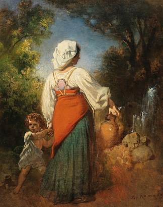 意大利妇女与孩子在井边 Italian woman with child at the well (c.1857 – c.1876)，安东·罗马科