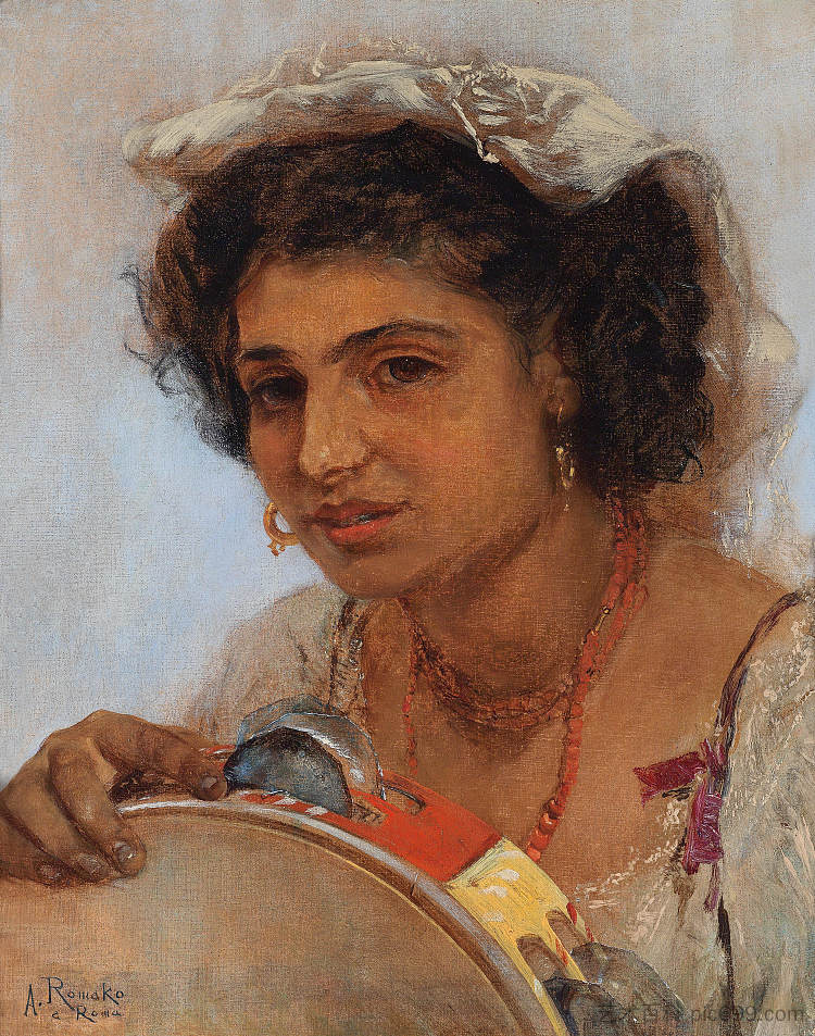 戴头巾和手鼓的意大利女孩 Italian girl with headscarf and tambourine (c.1857 - c.1876; Rome,Italy ),安东·罗马科