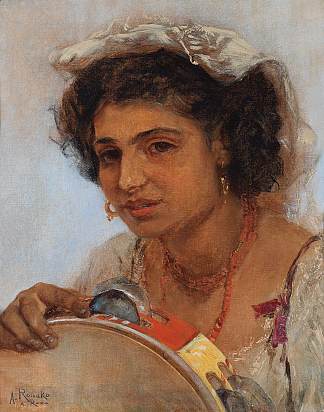 戴头巾和手鼓的意大利女孩 Italian girl with headscarf and tambourine (c.1857 – c.1876; Rome,Italy                     )，安东·罗马科