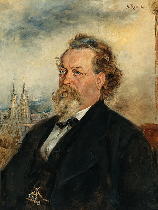 建筑师威廉·布歇尔的肖像，背景是阿德蒙特学院教堂 Portrait of the architect Wilhelm Bücher, in the background the Admont Collegiate Church (c.1869)，安东·罗马科