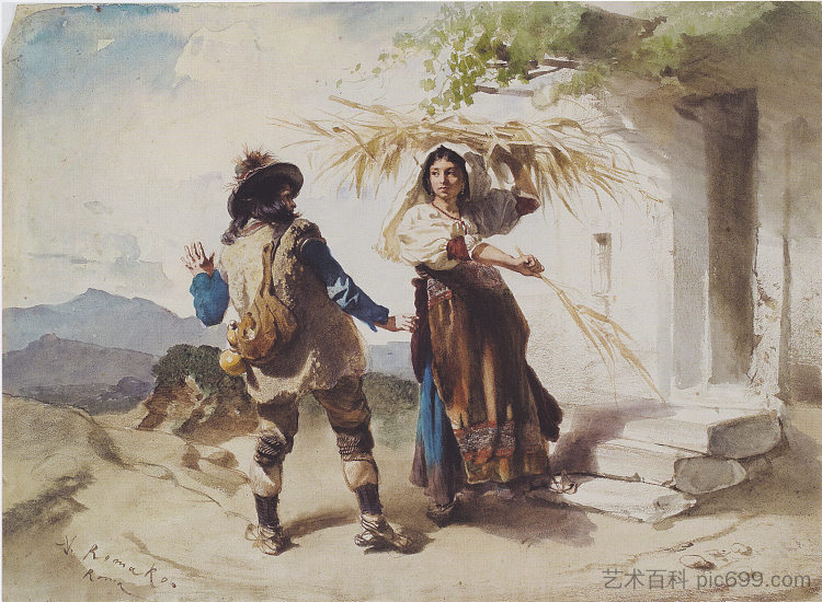 坎帕尼亚的农民夫妇 Peasant couple in the Campagna (1860 - 1865)，安东·罗马科