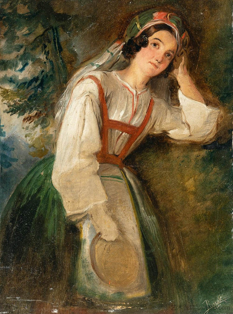 拿着手鼓的意大利美女 An Italian beauty with a tambourine (1847)，安东·罗马科