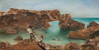 卡普里岛岩石海岸上的意大利渔民男孩和女孩 Italian fisherman boy and girl on the rocky coast of Capri (c.1880)，安东·罗马科
