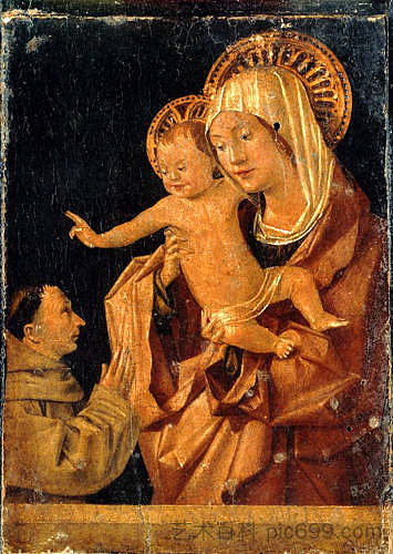 麦当娜和孩子与祈祷方济各会捐赠者 Madonna and Child with a Praying Franciscan Donor (c.1455; Messina,Italy  )，安东内洛·德·梅西纳