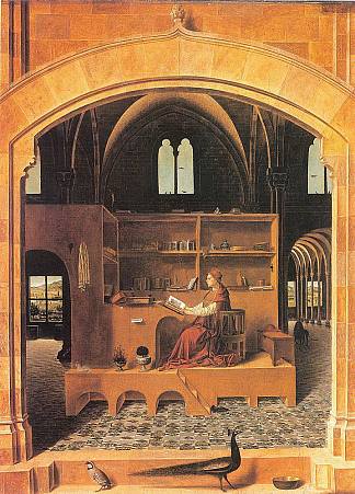 圣杰罗姆在他的书房 St. Jerome in His Study (c.1475; Italy                     )，安东内洛·德·梅西纳