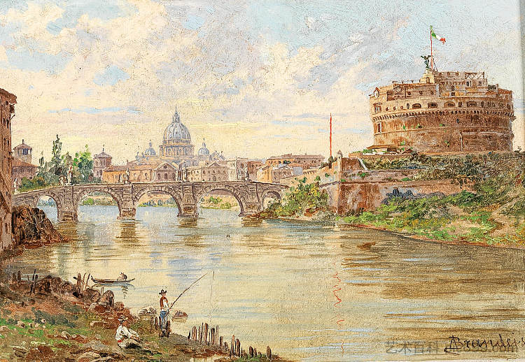 罗马的景色,背景是圣天使城堡、圣天使桥和圣彼得大教堂 A View of Rome with Castel Sant’Angelo, Ponte Sant’Angelo and St Peter’s Basilica in the Background,安东尼埃塔·布兰代斯