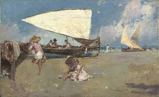 阳光明媚的海滩上的孩子们 Children on a Sunny Beach (1880)，安东尼奥·曼奇尼