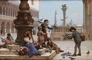 威尼斯的儿童喂鸽子 Children feeding pigeons in Venice，安东尼奥·保莱蒂