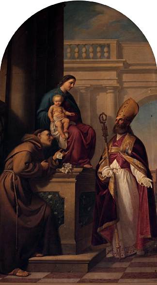 麦当娜与孩子耶稣，圣马特努斯和帕多瓦的圣安东尼 Madonna with Child Jesus, Saint Maternus and Saint Anthony of Padua (1863)，安东尼奥·保莱蒂