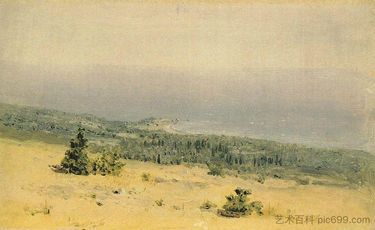 从山上可以看到海滩和大海。克里米亚 View of the beach and sea from the mountains. Crimea (c.1880),阿尔希普·昆吉