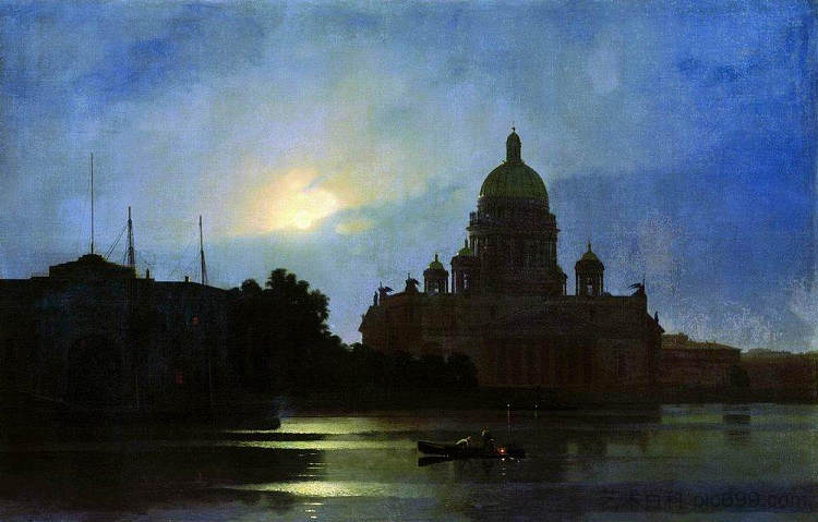 月光之夜以撒大教堂的景色 View of the Isaac Cathedral at Moonlight Night (1869)，阿尔希普·昆吉