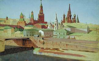 莫斯科沃列茨基桥，克里姆林宫和波克罗夫斯基大教堂的景色 View of the Moskvoretsky Bridge, the Kremlin and the Pokrovsky Cathedral (1882)，阿尔希普·昆吉