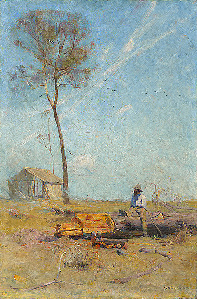 选择者的小屋（原木上的惠兰） The Selector's Hut (Whelan on the Log) (1890)，亚瑟·沃顿