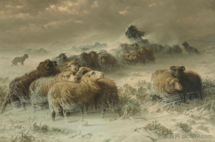 暴风雪中的牧羊人和他的羊群 A Shepherd with His Flock in a Snowstorm，奥古斯特·弗里德里希·申克