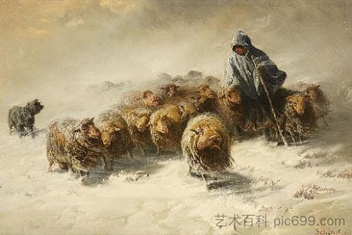 雪地里的羊群 FLOCK OF SHEEP IN THE SNOW，奥古斯特·弗里德里希·申克