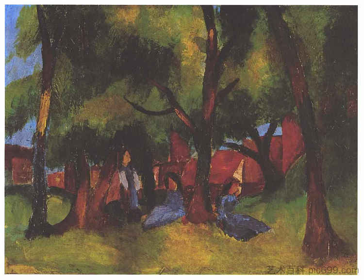 儿童和阳光明媚的树木 Children and sunny trees (1913)，奥古斯特·麦克