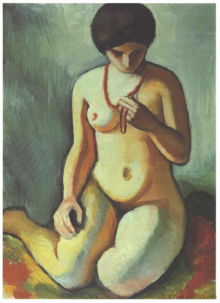 女性裸体与珊瑚项链 Female nude with corall necklace (1910)，奥古斯特·麦克