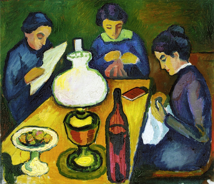 三个女人在台灯旁的桌子上 Three Women at the Table by the Lamp (1912)，奥古斯特·麦克