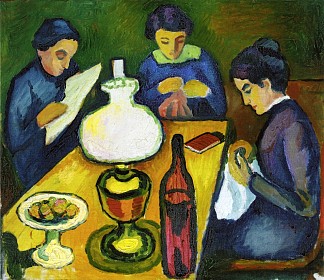 三个女人在台灯旁的桌子上 Three Women at the Table by the Lamp (1912)，奥古斯特·麦克