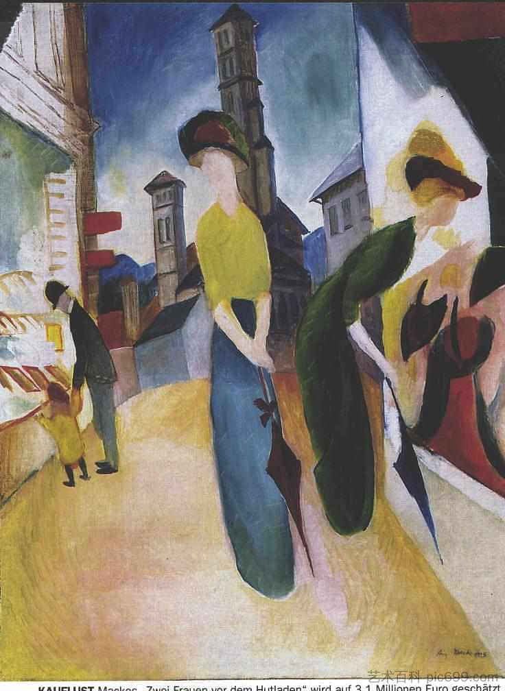 帽子店前的两个女人 Two women in front of a hat shop (1914)，奥古斯特·麦克