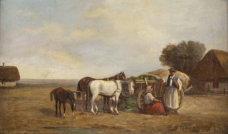 匈牙利农民与马车 Hungarian Farmers with Wagon,奥古斯特·冯·佩滕科芬