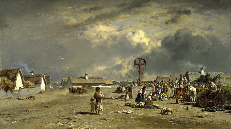 匈牙利索尔诺克市场 The Market at Szolnok, Hungary (c.1851)，奥古斯特·冯·佩滕科芬