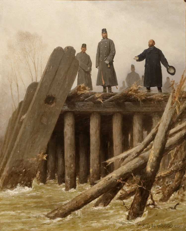 弗朗茨·约瑟夫一世在塔博布鲁克,1862年(1862年2月的洪水) Franz Joseph I on Taborbrucke, 1862 (Floods of February 1862) (c.1862),奥古斯特·冯·佩滕科芬