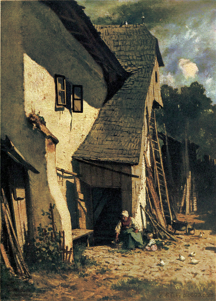 克洛斯特新堡农舍与农场妇女和儿童 Farmhouse in Klosterneuburg with Farmwoman and Child (1854),奥古斯特·冯·佩滕科芬