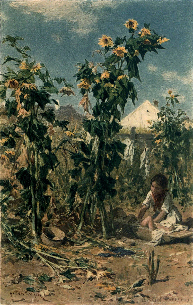 两个匈牙利农民孩子与向日葵 Two Hungarian Peasant Children with Sunflowers (1876)，奥古斯特·冯·佩滕科芬