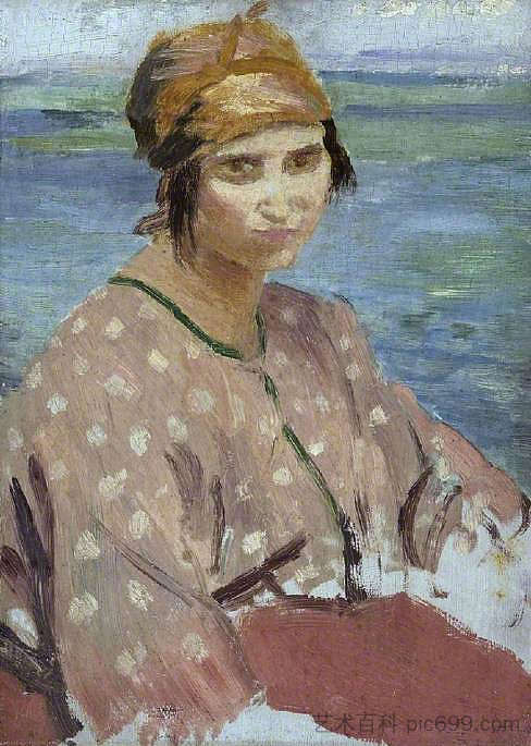 戴头巾的多蕾莉亚 Dorelia Wearing a Turban (1912)，奥古斯都·约翰