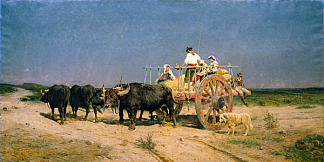 一辆推车，车上有一些农民被马雷玛的水牛拉着 A cart with some farmers pulled by buffaloes from the Maremma，奥雷利奥·蒂拉泰利