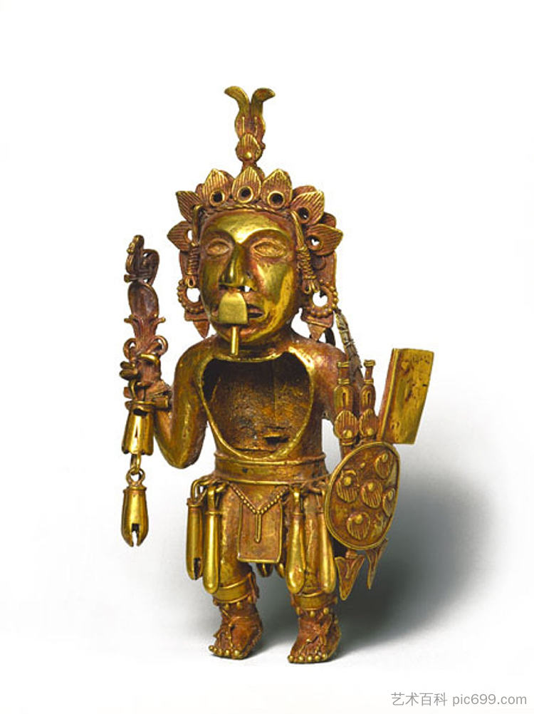 战士形状的悬垂 Pendent in the Shape of a Warrior (c.1350)，阿兹特克艺术