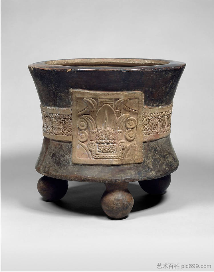 带有日期字形的三脚架容器 Tripod Vessel with Date Glyph，阿兹特克艺术