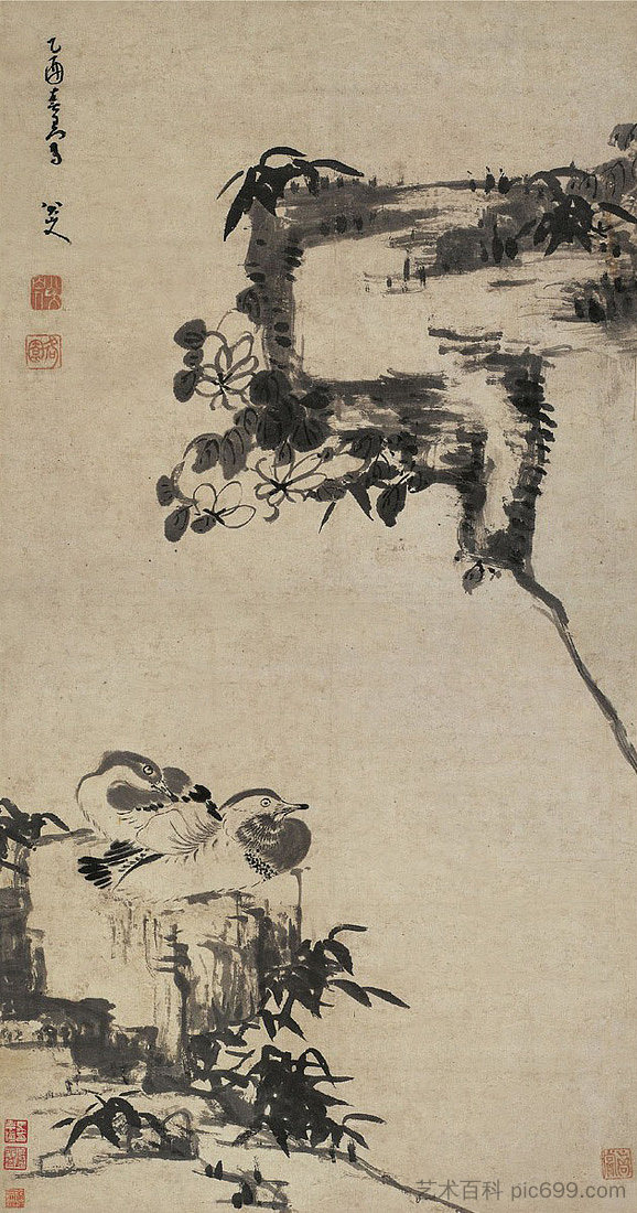 竹子、岩石鸭和鸳鸯 Bamboo, Rock, and Mandarin Ducks，八达山人