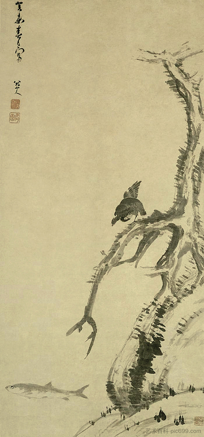 老树上的八哥鸟 Mynah Bird on an Old Tree (1703)，八达山人