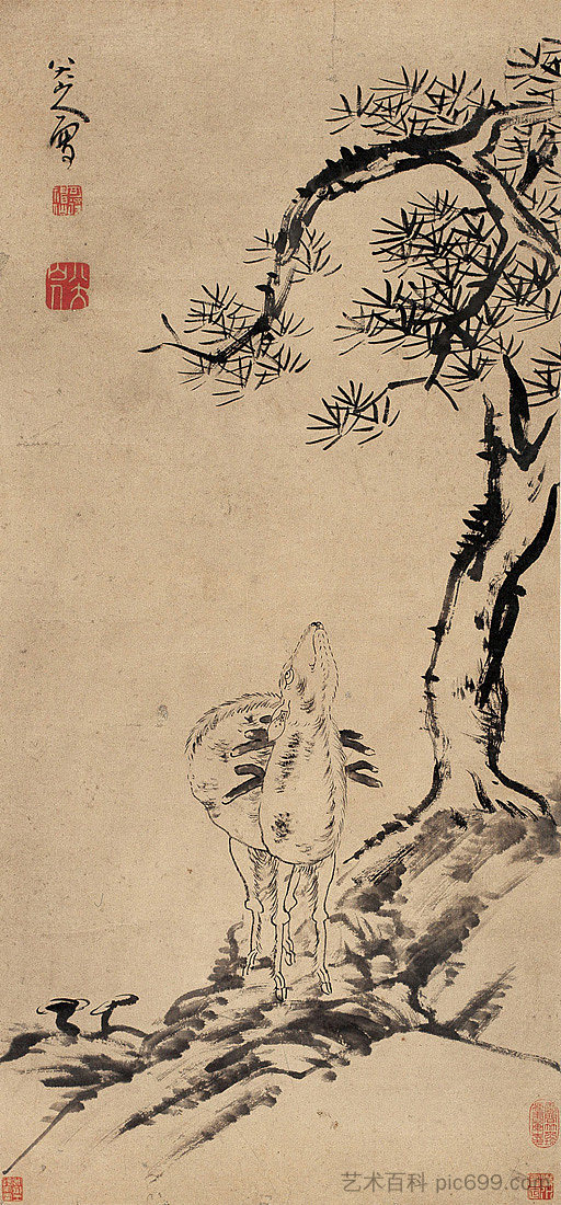 松树和鹿 Pine and Deer，八达山人