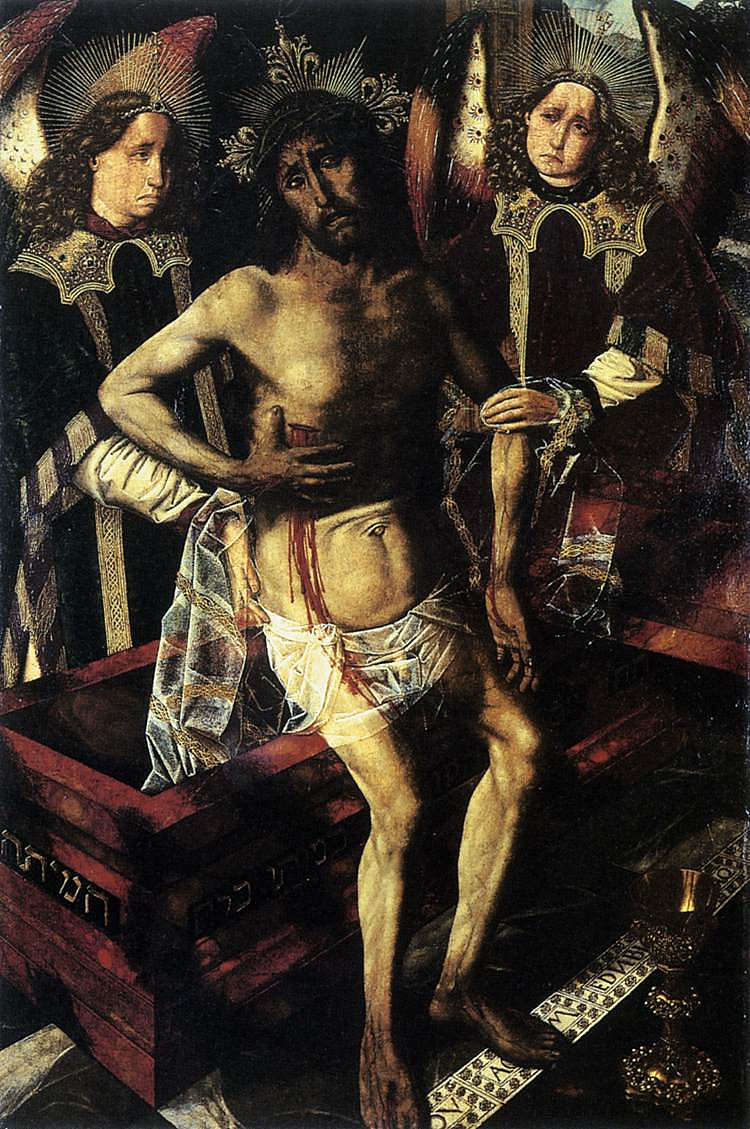 基督在坟墓里由两个天使支持 Christ at the Tomb Supported by Two Angels (1474)，巴托洛梅·贝尔梅霍