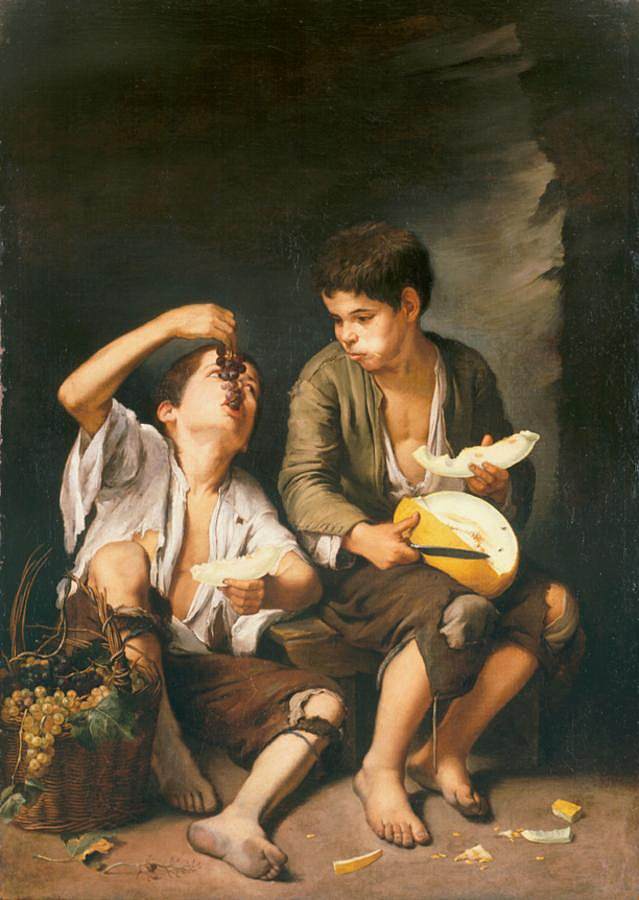 两个男孩吃甜瓜和葡萄 Two Boys Eating a Melon and Grapes (1645 - 1646)，巴托洛梅·埃斯特万·穆立罗