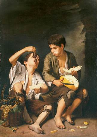 两个男孩吃甜瓜和葡萄 Two Boys Eating a Melon and Grapes (1645 – 1646)，巴托洛梅·埃斯特万·穆立罗