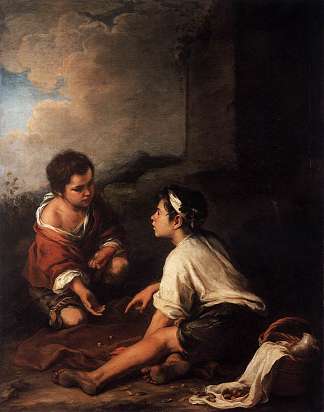 两个男孩玩骰子 Two boys playing dice (1675)，巴托洛梅·埃斯特万·穆立罗