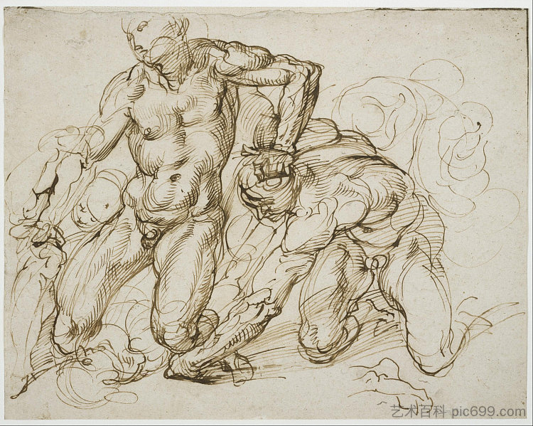 男性裸体打斗研究 Study of Male Nudes Fighting (c.1563 - c.1572)，巴尔托洛梅奥·帕塞罗蒂