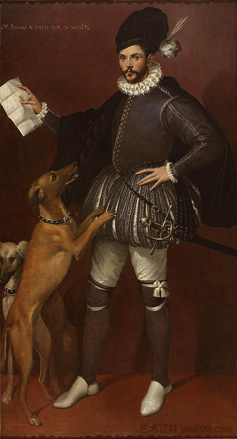 骑士和他的猎犬的肖像 Portrait of a Cavalier with his Hunting Dogs (c.1570 - c.1580)，巴尔托洛梅奥·帕塞罗蒂