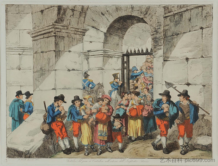 在弗拉维安圆形剧场内向农民分发面包 Distribution of bread to the farmers, inside the Flavian Amphitheater (1831; Rome,Italy  )，巴尔托洛梅奥·皮内利