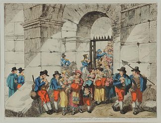 在弗拉维安圆形剧场内向农民分发面包 Distribution of bread to the farmers, inside the Flavian Amphitheater (1831; Rome,Italy                     )，巴尔托洛梅奥·皮内利