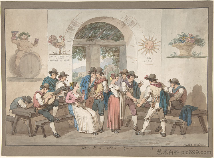 罗马旅馆的内部 Interior of a Roman Inn (1817; Rome,Italy  )，巴尔托洛梅奥·皮内利