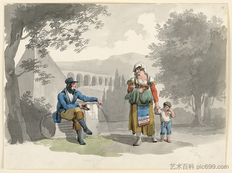 一个女人用手抱着一个男孩，经过一位坐在坎帕尼亚废墟中的绅士 A Woman Holding a Boy with Her Hand Passing a Gentleman Seated Among Ruins in the Campagna (1807)，巴尔托洛梅奥·皮内利