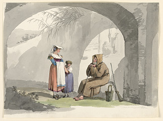 来自弗拉斯卡蒂的两个女孩拜访隐士 Two Girls from Frascati Visit a Hermit (1807)，巴尔托洛梅奥·皮内利